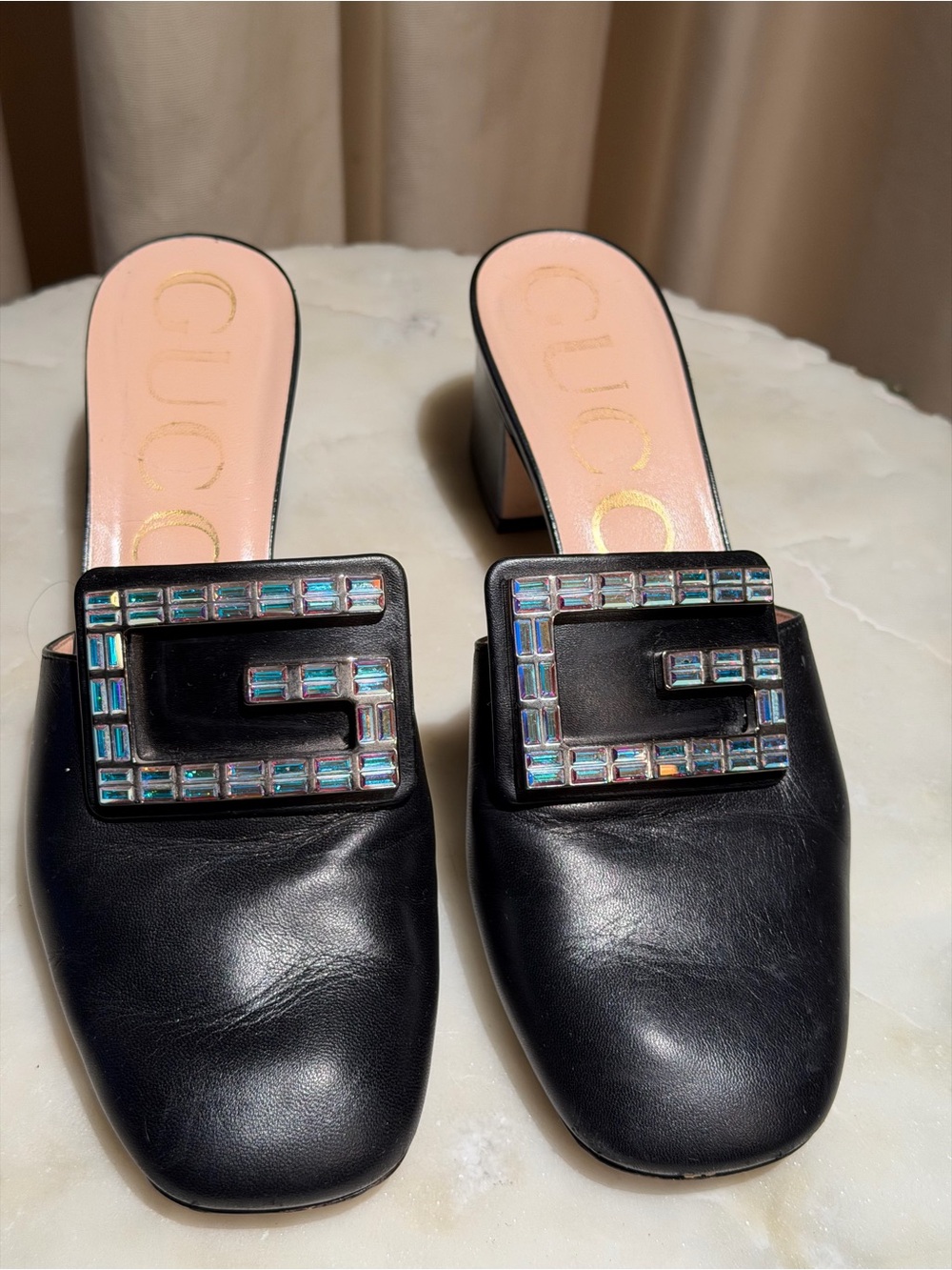 Gucci Black Leather Crystal G-Logo Mules